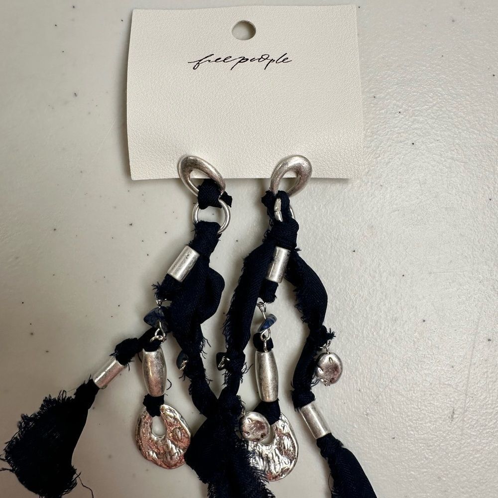 NWT Free People Silver & Navy Dangle Earrings Funky Textile Design with Charms - Picture 3 of 9